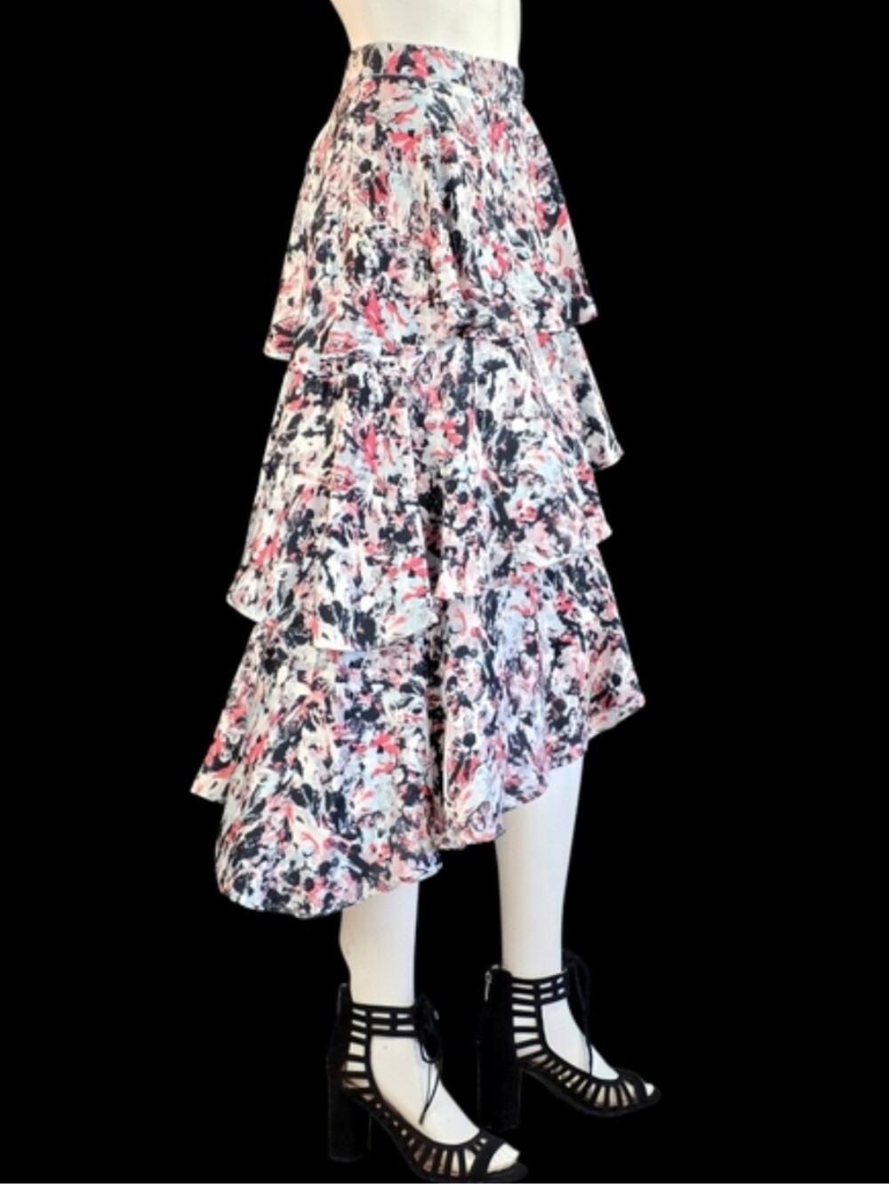 BCBGMaxazria Tiered Ruffle Asymmetric Abstract Print Midi-skirt